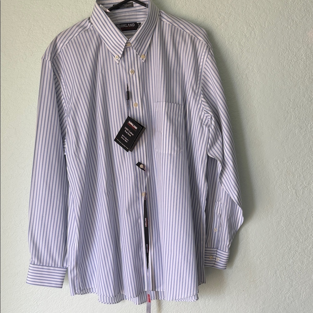 Kirkland Signature Light Blue and White Striped Button-Down Dress Shirt